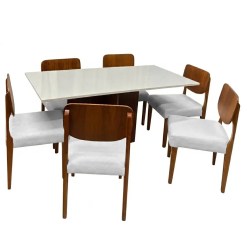 Mesa De Jantar Helo 160x90cm Com Vidro E 6 Cadeiras Barcelona Em Linho Madeira Poliman Mel Off White Com Tecido Cinza 51898
