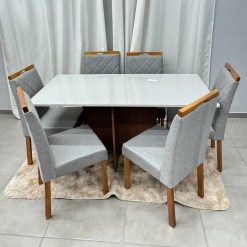Mesa De Jantar Helo 160x90cm Com Vidro E 6 Cadeiras California Em Linho Estofadas Poliman 76738