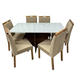 Mesa De Jantar Helo 160x90cm Com Vidro E 6 Cadeiras California Em Linho Estofadas Poliman Mel Off White Com Tecido Bege 18206