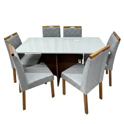 Mesa De Jantar Helo 160x90cm Com Vidro E 6 Cadeiras California Em Linho Estofadas Poliman Mel Off White Com Tecido Cinza 45040