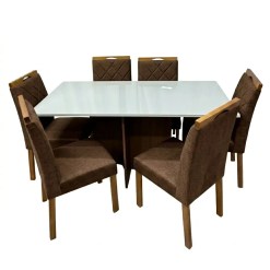 Mesa De Jantar Helo 160x90cm Com Vidro E 6 Cadeiras California Em Veludo Estofadas Poliman Mel Off White Com Assento Marrom 91986