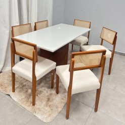 Mesa De Jantar Helo 160x90cm Com Vidro E 6 Cadeiras Grecia Em Linho Madeira Poliman 26412