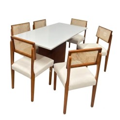 Mesa De Jantar Helo 160x90cm Com Vidro E 6 Cadeiras Grecia Em Linho Madeira Poliman Mel Off White Com Tecido Bege 95617
