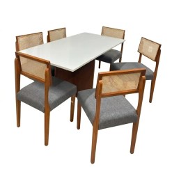 Mesa De Jantar Helo 160x90cm Com Vidro E 6 Cadeiras Grecia Em Linho Madeira Poliman Mel Off White Com Tecido Cinza 80639