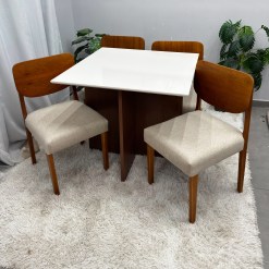 Mesa De Jantar Helo 90x90cm Com Vidro E 4 Cadeiras Barcelona Em Linho Madeira Poliman 22600