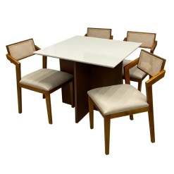 Mesa De Jantar Helo 90x90cm Com Vidro E 4 Cadeiras Berlim Hr Em Linho Madeira Poliman Mel Off White Com Tecido Bege 64591