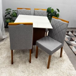 Mesa De Jantar Helo 90x90cm Com Vidro E 4 Cadeiras California Em Linho Estofadas Poliman 96407
