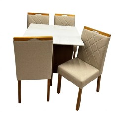 Mesa De Jantar Helo 90x90cm Com Vidro E 4 Cadeiras California Em Linho Estofadas Poliman Mel Off White Com Tecido Bege 13764