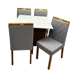 Mesa De Jantar Helo 90x90cm Com Vidro E 4 Cadeiras California Em Linho Estofadas Poliman Mel Off White Com Tecido Cinza 54789