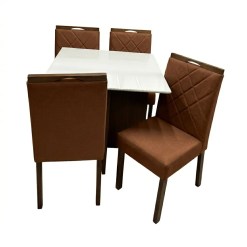 Mesa De Jantar Helo 90x90cm Com Vidro E 4 Cadeiras California Em Veludo Estofadas Poliman Mel Off White Com Assento Marrom 92042