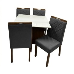 Mesa De Jantar Helo 90x90cm Com Vidro E 4 Cadeiras California Em Veludo Estofadas Poliman Mel Off White Com Assento Preto 75430