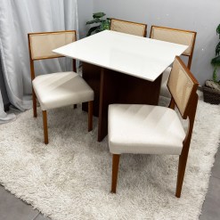 Mesa De Jantar Helo 90x90cm Com Vidro E 4 Cadeiras Grecia Em Linho Madeira Poliman 16697