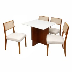 Mesa De Jantar Helo 90x90cm Com Vidro E 4 Cadeiras Grecia Em Linho Madeira Poliman Mel Off White Com Tecido Bege 66719