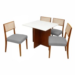 Mesa De Jantar Helo 90x90cm Com Vidro E 4 Cadeiras Grecia Em Linho Madeira Poliman Mel Off White Com Tecido Cinza 66796