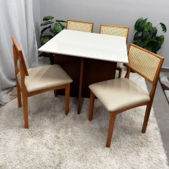 Mesa De Jantar Helo 90x90cm Com Vidro E 4 Cadeiras Monalisa Em Linho Madeira Poliman 91237