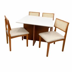 Mesa De Jantar Helo 90x90cm Com Vidro E 4 Cadeiras Monalisa Em Linho Madeira Poliman Mel Off White Com Tecido Bege 15492