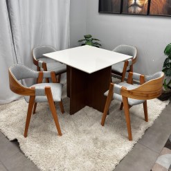 Mesa De Jantar Helo 90x90cm Com Vidro E 4 Cadeiras Perola Em Linho Madeira Poliman 67253