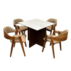 Mesa De Jantar Helo 90x90cm Com Vidro E 4 Cadeiras Perola Em Linho Madeira Poliman Mel Off White Com Tecido Bege 84384