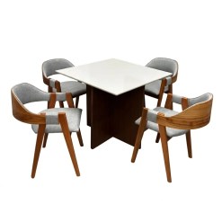 Mesa De Jantar Helo 90x90cm Com Vidro E 4 Cadeiras Perola Em Linho Madeira Poliman Mel Off White Com Tecido Cinza 88852