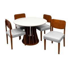Mesa De Jantar Ilheus Redonda 110cm Com 4 Cadeiras Barcelona Em Linho Madeira Lj Moveis Cinamomo Off White Com Tecido Cinza 86810