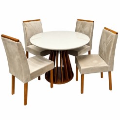 Mesa De Jantar Ilheus Redonda 110cm Com 4 Cadeiras California Em Veludo Estofadas Lj Moveis Cinamomo Off White Com Tecido Bege 13988