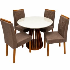 Mesa De Jantar Ilheus Redonda 110cm Com 4 Cadeiras California Em Veludo Estofadas Lj Moveis Cinamomo Off White Com Tecido Marrom 27313