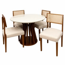Mesa De Jantar Ilheus Redonda 110cm Com 4 Cadeiras Grecia Em Linho Madeira Lj Moveis Cinamomo Off White Com Tecido Bege 40903