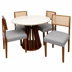 Mesa De Jantar Ilheus Redonda 110cm Com 4 Cadeiras Grecia Em Linho Madeira Lj Moveis Cinamomo Off White Com Tecido Cinza 23012