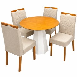 Mesa De Jantar Isis Sem Vidro Redonda 100cm E 4 Cadeiras California Em Veludo Estofadas New Ceval Off White Ipe Com Tecido Bege 72873