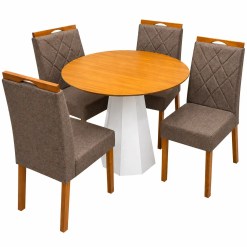 Mesa De Jantar Isis Sem Vidro Redonda 100cm E 4 Cadeiras California Em Veludo Estofadas New Ceval Off White Ipe Com Tecido Marrom 80342