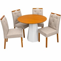 Mesa De Jantar Isis Sem Vidro Redonda 100cm E 4 Cadeiras Jasmim Em Veludo Estofadas New Ceval Off White Ipe Com Tecido Bege 35650