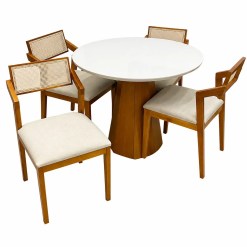 Mesa De Jantar Isis Com Vidro Redonda 100cm E 4 Cadeiras Berlim Hr Em Linho Madeira New Ceval Ipe Off White Com Tecido Bege 85679