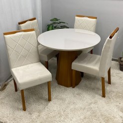 Mesa De Jantar Isis Com Vidro Redonda 100cm E 4 Cadeiras California Em Veludo Estofadas New Ceval 28681