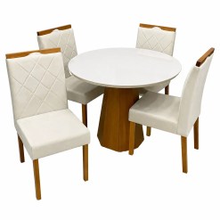 Mesa De Jantar Isis Com Vidro Redonda 100cm E 4 Cadeiras California Em Veludo Estofadas New Ceval Ipe Off White Com Tecido Bege 30614