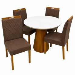 Mesa De Jantar Isis Com Vidro Redonda 100cm E 4 Cadeiras California Em Veludo Estofadas New Ceval Ipe Off White Com Tecido Marrom 38984