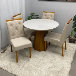 Mesa De Jantar Isis Com Vidro Redonda 100cm E 4 Cadeiras Jasmim Em Linho Estofadas New Ceval 70603