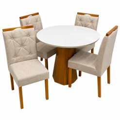 Mesa De Jantar Isis Com Vidro Redonda 100cm E 4 Cadeiras Jasmim Em Linho Estofadas New Ceval Ipe Off White Com Tecido Bege 13181