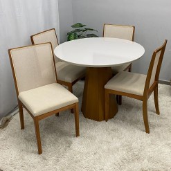 Mesa De Jantar Isis Com Vidro Redonda 100cm E 4 Cadeiras Lara Kappesberg Em Linho Madeira New Ceval 51883