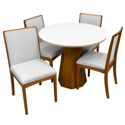 Mesa De Jantar Isis Com Vidro Redonda 100cm E 4 Cadeiras Lara Kappesberg Em Linho Madeira New Ceval Ipe Off White Com Tecido Cinza 61639