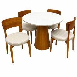 Mesa De Jantar Isis Com Vidro Redonda 100cm E 4 Cadeiras Maldivas Em Linho Madeira New Ceval Ipe Off White Com Tecido Bege 37442