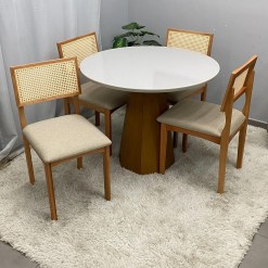 Mesa De Jantar Isis Com Vidro Redonda 100cm E 4 Cadeiras Monalisa Em Linho Madeira New Ceval 29583