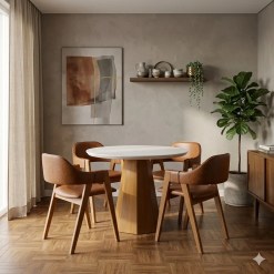 Mesa De Jantar Isis Com Vidro Redonda 100cm E 4 Cadeiras Perola Em Corino Madeira New Ceval 49820