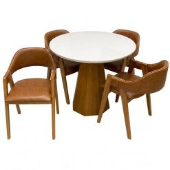 Mesa De Jantar Isis Com Vidro Redonda 100cm E 4 Cadeiras Perola Em Corino Madeira New Ceval Ipe Off White Com Tecido Marrom 81680