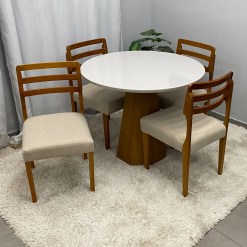Mesa De Jantar Isis Com Vidro Redonda 100cm E 4 Cadeiras Turquia Em Linho Madeira New Ceval 71014