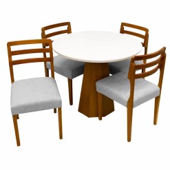 Mesa De Jantar Isis Com Vidro Redonda 100cm E 4 Cadeiras Turquia Em Linho Madeira New Ceval Ipe Off White Com Tecido Cinza 36706