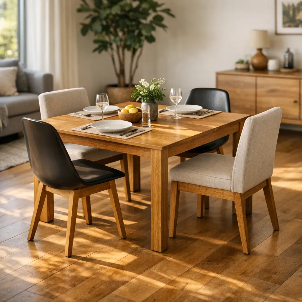 Mesa de jantar 4 lugares: medidas e espaço mínimo, mesa quadrada com 4 cadeiras e luz do sol