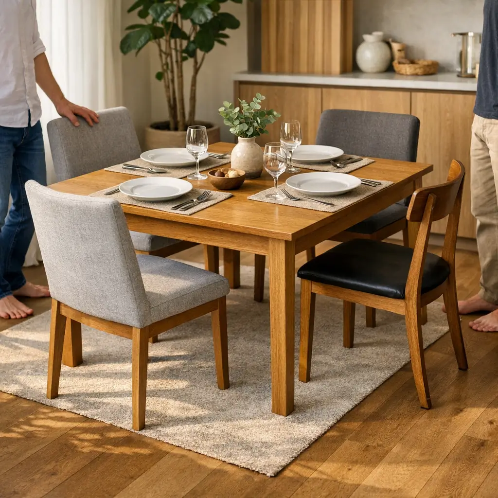 Mesa de jantar 4 lugares: medidas e espaço mínimo, mesa quadrada posta com 4 cadeiras