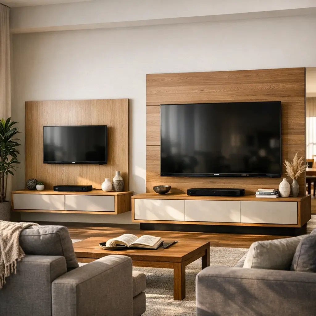 Painel para TV: como escolher o tamanho certo, 2 painéis com TVs e racks na sala