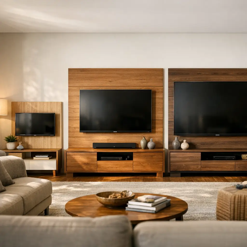 Painel para TV: como escolher o tamanho certo, 3 painéis de madeira com TVs e racks na sala