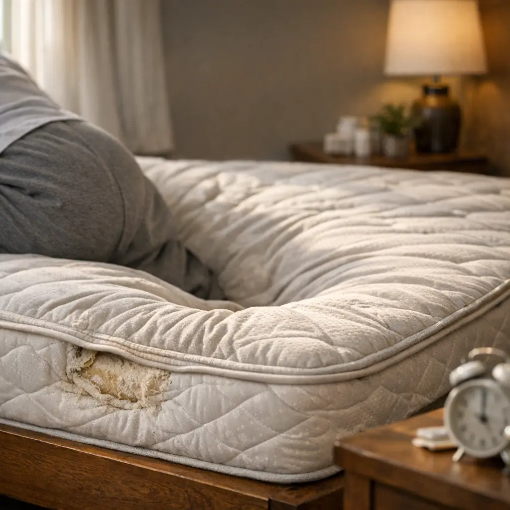 Pessoa sentada em colchão afundado com rasgo lateral Colchão afundando: causas e como evitar piorar